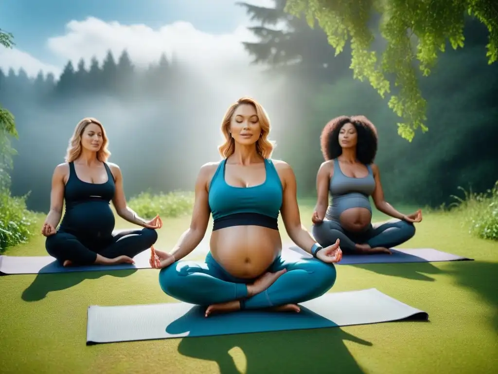 Un grupo diverso de embarazadas veganas practicando yoga prenatal al aire libre, rodeadas de naturaleza, transmitiendo tranquilidad