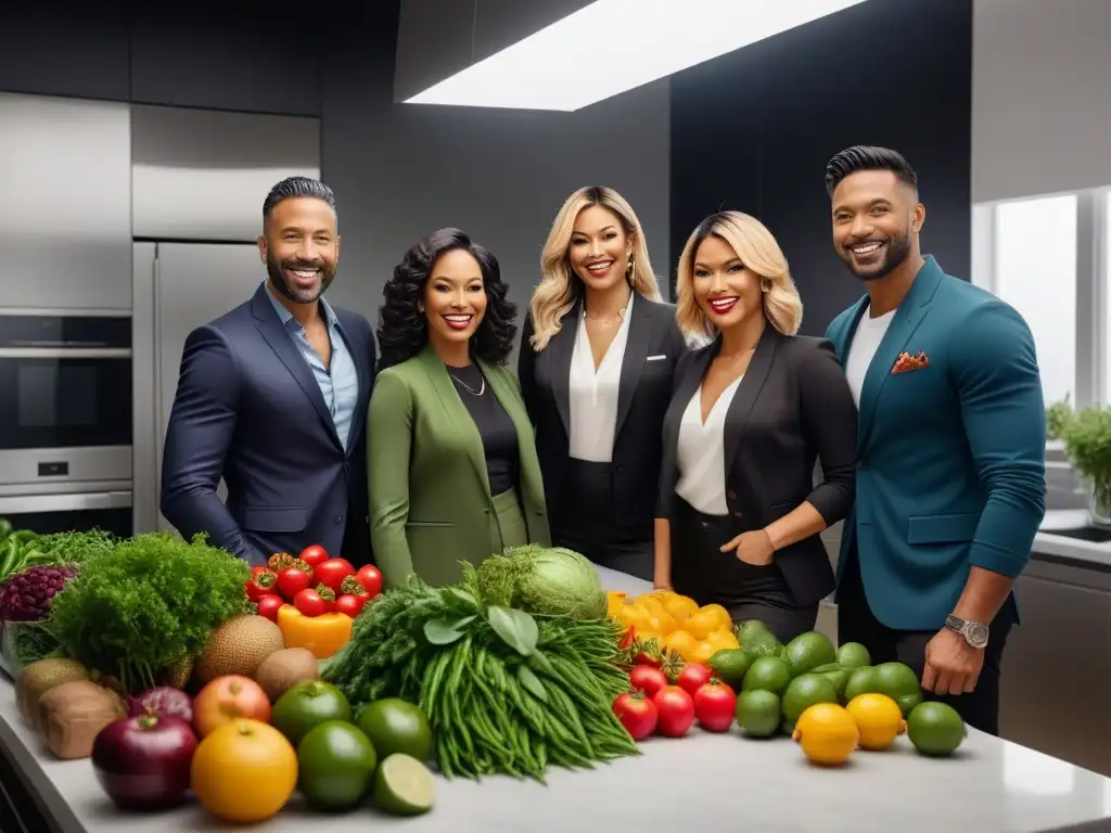 Un grupo diverso de emprendedores sonrientes en una cocina vegana, transmitiendo colaboración y éxito