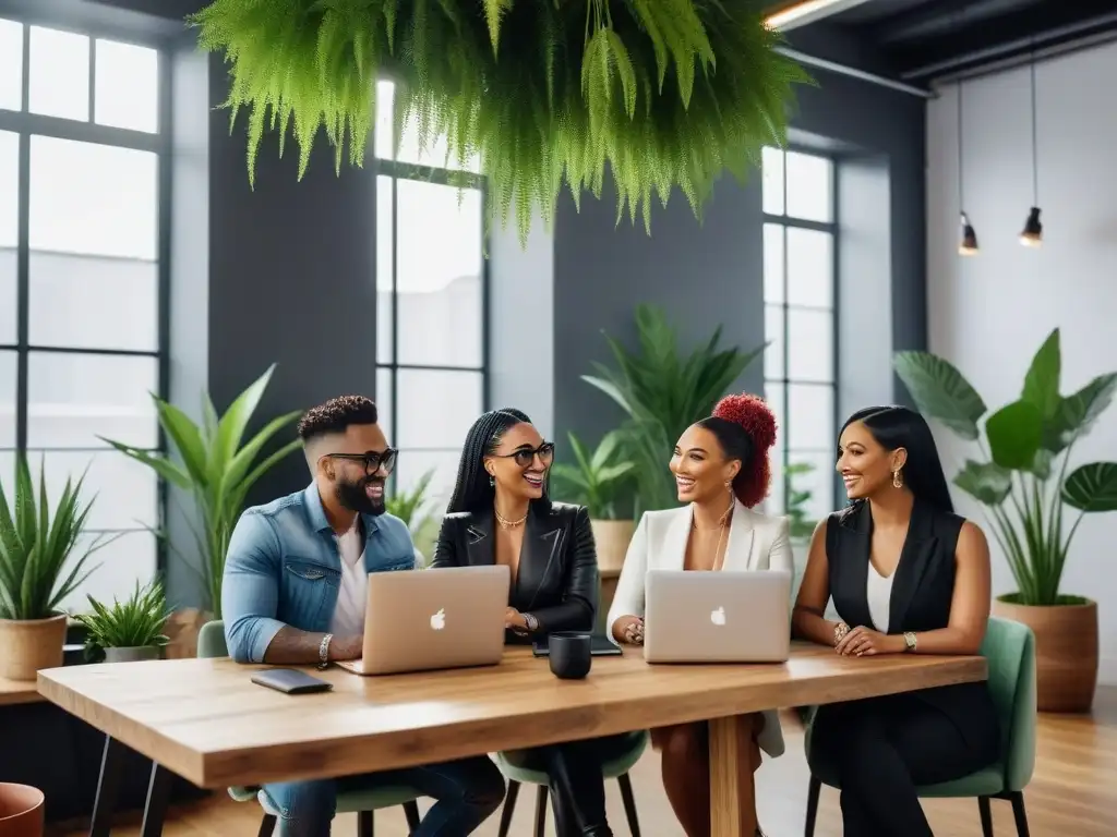 Grupo diverso de emprendedores sonrientes en espacio coworking ecofriendly