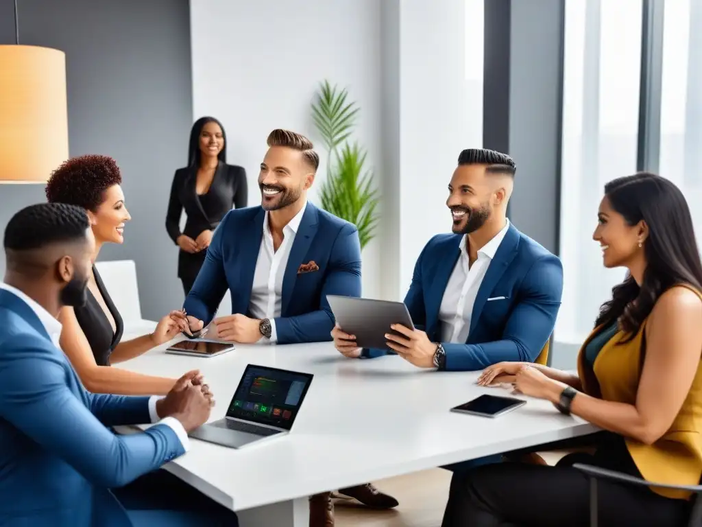 Un grupo diverso de emprendedores veganos exitosos reunidos en una mesa de conferencias, mostrando innovación y pasión