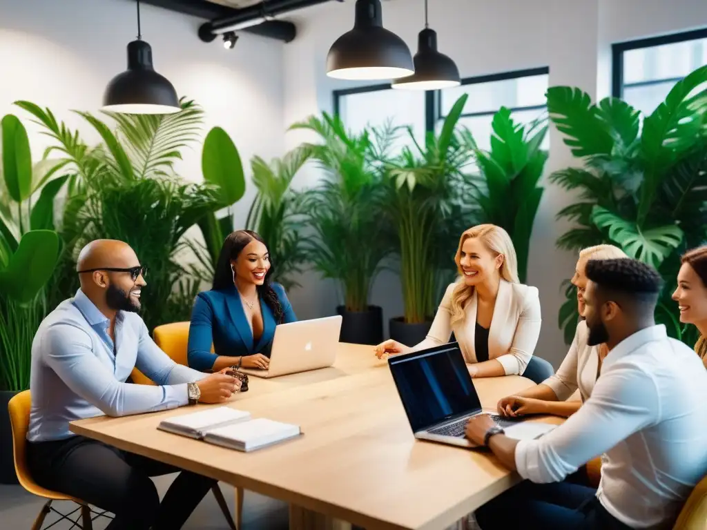 Un grupo diverso de emprendedores veganos colaborando y discutiendo ideas en un espacio coworking moderno y lleno de vegetación