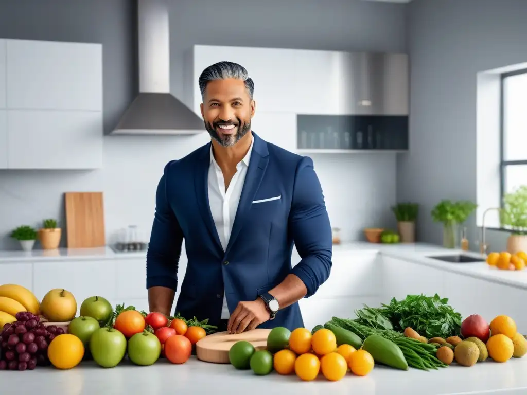 Grupo diverso de emprendedores veganos exitosos compartiendo historias de éxito en una cocina moderna y elegante