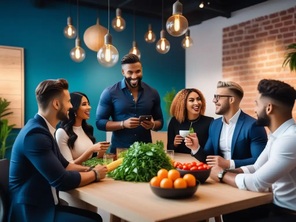 Grupo diverso de emprendedores veganos principiantes discutiendo ideas en un espacio coworking trendy