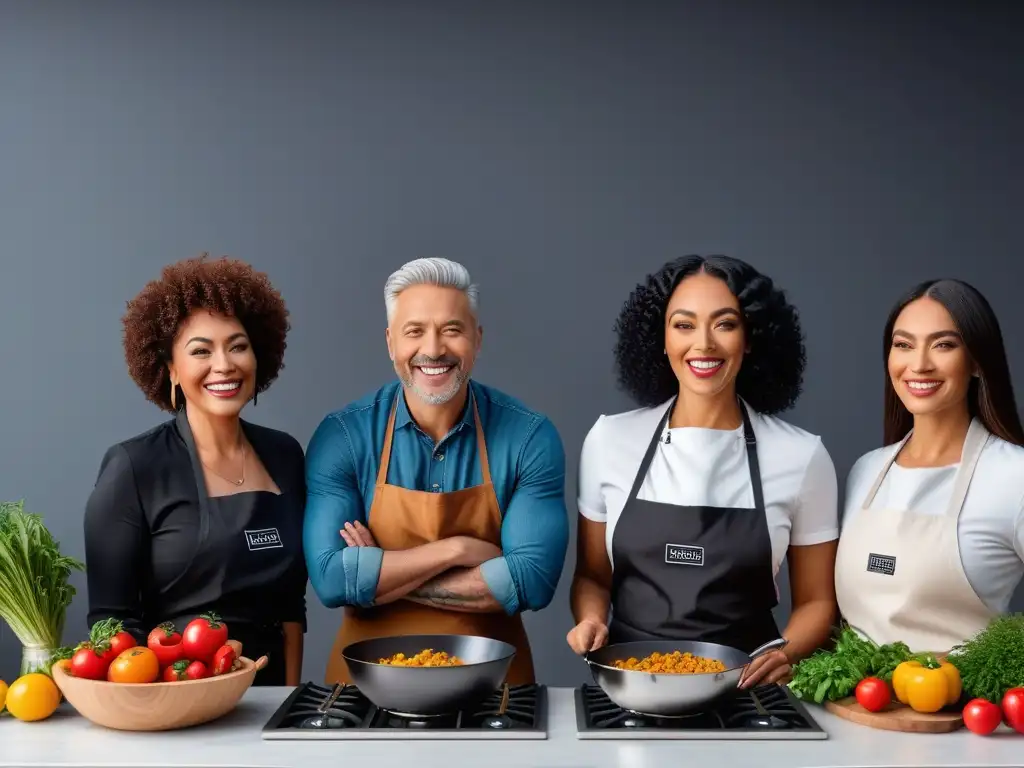 Un grupo diverso participa con entusiasmo en un curso online de cocina vegana económica, en una cocina moderna y acogedora