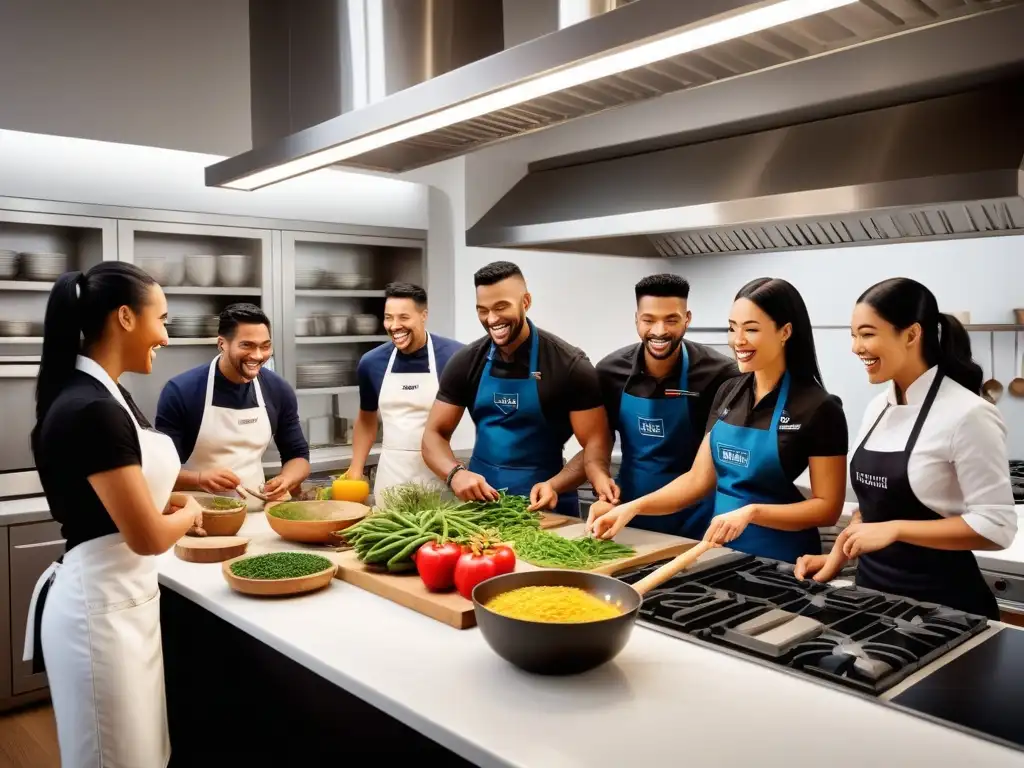 Grupo diverso de estudiantes felices preparando y disfrutando platos veganos en cocina moderna