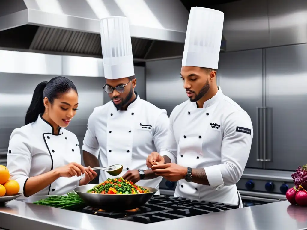 Un grupo diverso de estudiantes cocina platos veganos con pasión en un estudio de cocina moderno, mostrando determinación y enfoque