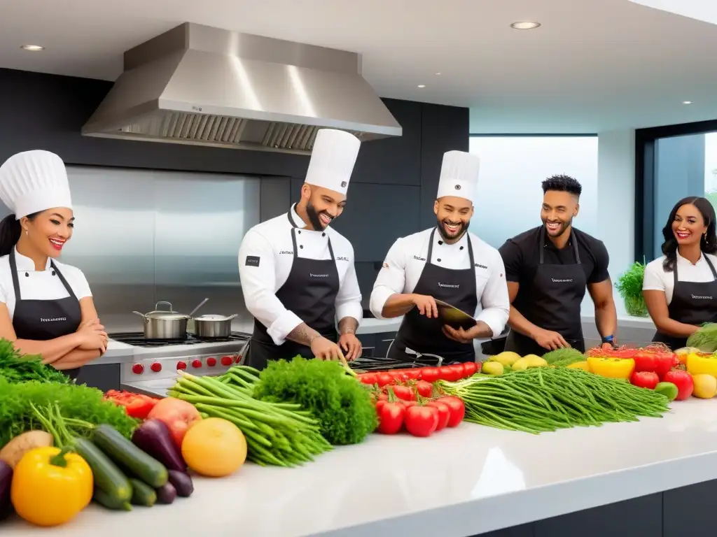 Un grupo diverso de estudiantes sonrientes aprendiendo cocina vegana salud en un moderno entorno