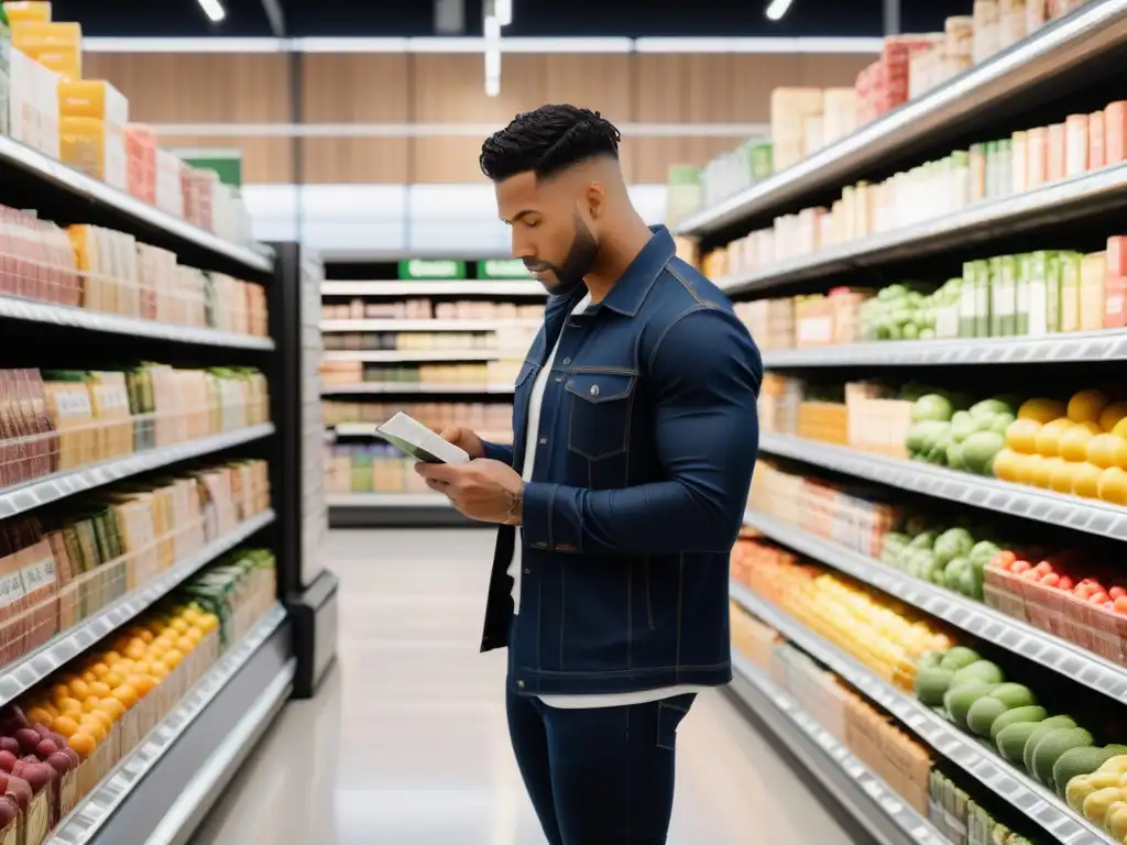 Grupo diverso lee etiquetas alimentos veganos en tienda moderna bien iluminada, frutas y verduras coloridas en estantes