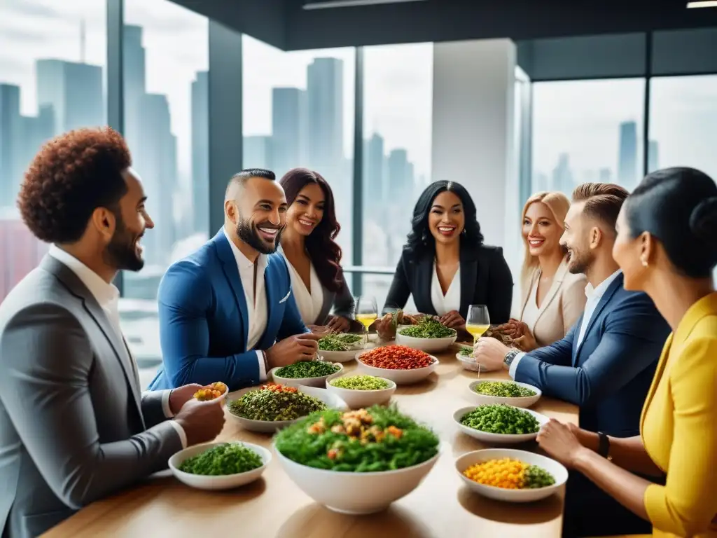 Grupo diverso celebra éxito certificación nutrición vegana sostenibilidad en espacio moderno lleno de coloridas comidas vegetales