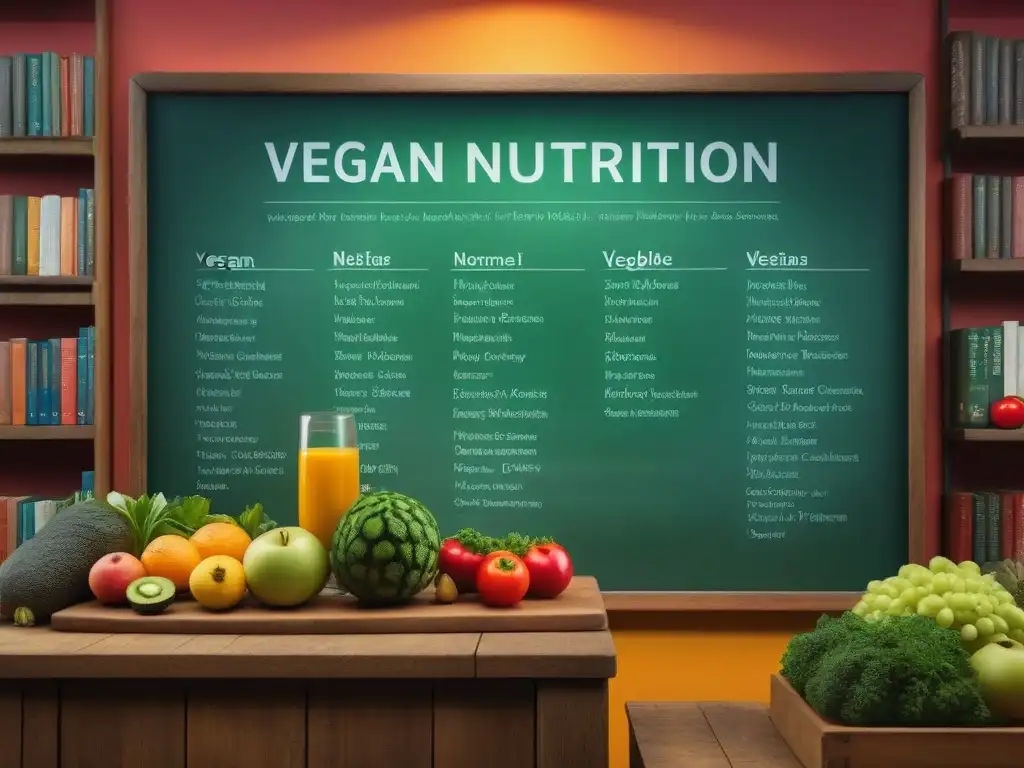 Un grupo diverso de expertos en nutrición vegana frente a un pizarrón verde con información nutricional