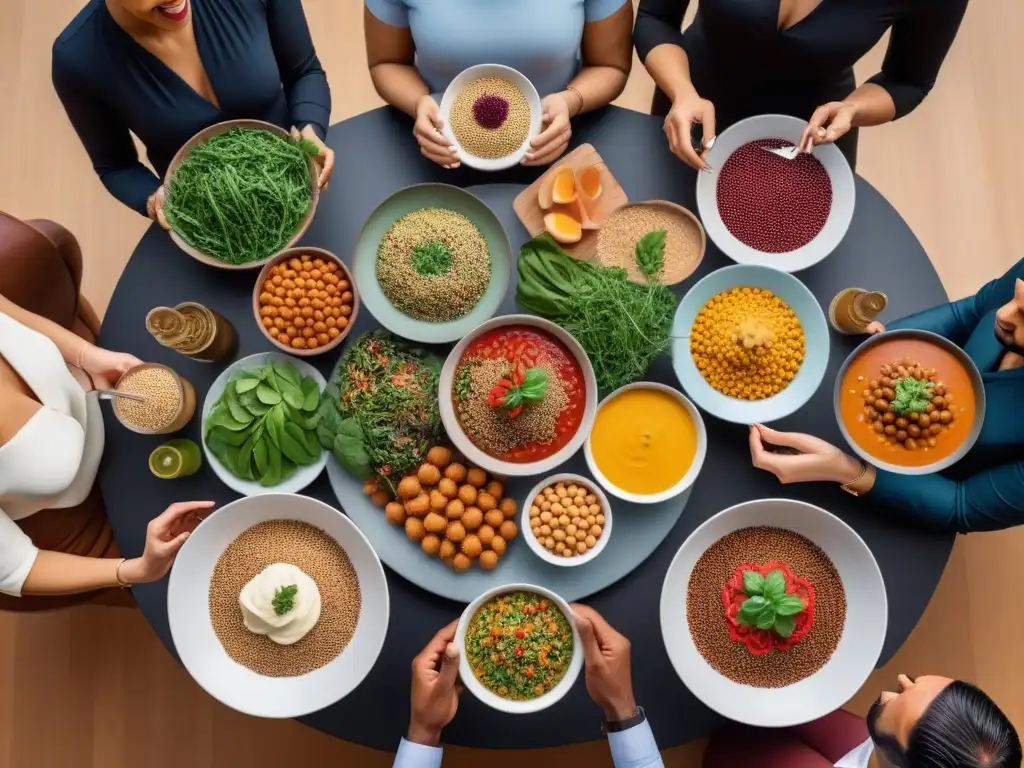 Un grupo diverso y feliz disfruta de alimentos veganos en una mesa colorida