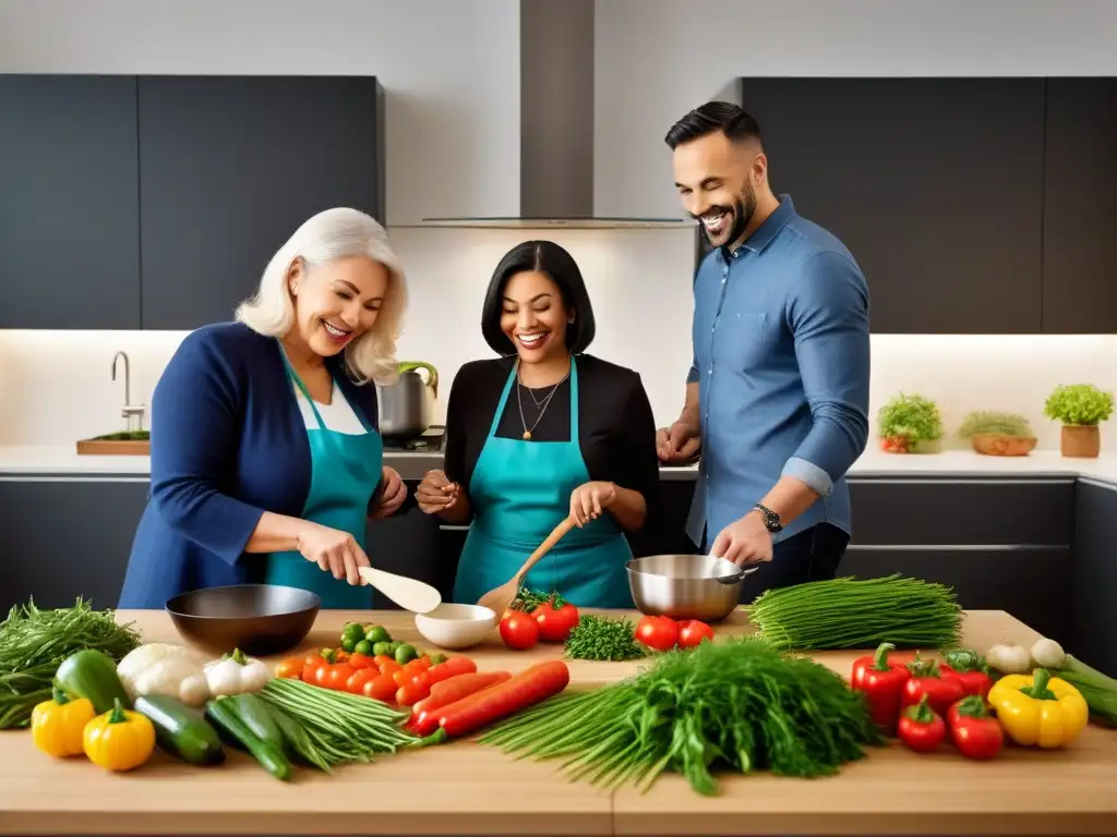 Un grupo diverso y feliz cocina en equipo en una cocina luminosa y bien equipada