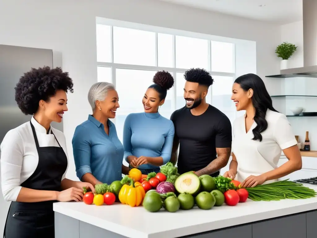 Grupo diverso cocina feliz en cocina futurista con ingredientes veganos