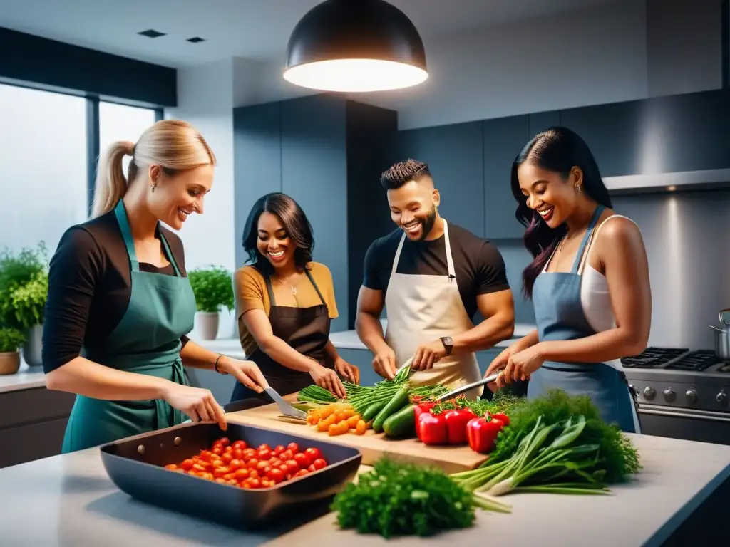 Un grupo diverso cocina feliz en una cocina moderna y luminosa, llena de ingredientes veganos frescos, transmitiendo alegría y comunidad