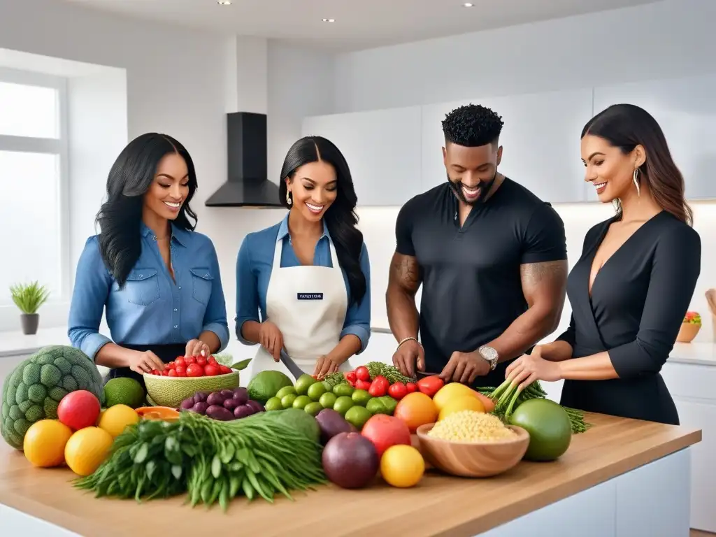 Un grupo diverso cocina feliz en una cocina luminosa y espaciosa llena de ingredientes veganos