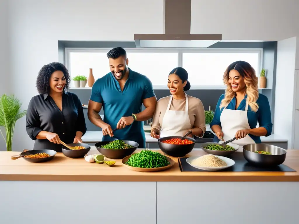 Un grupo diverso y feliz cocina unidas en una cocina vegana moderna y vibrante