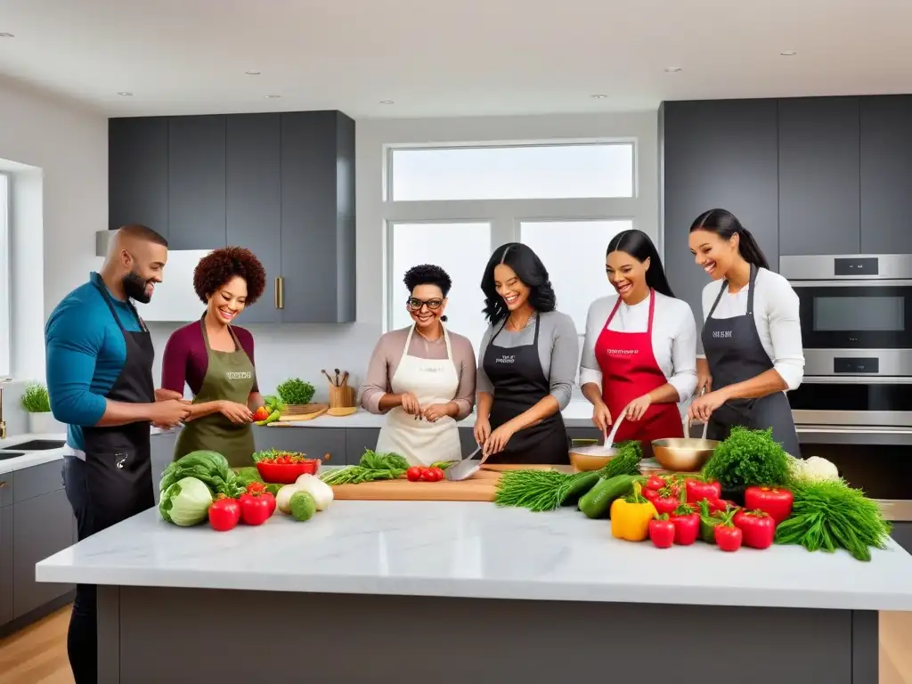 Un grupo diverso cocina feliz en una cocina moderna y luminosa, creando platos veganos