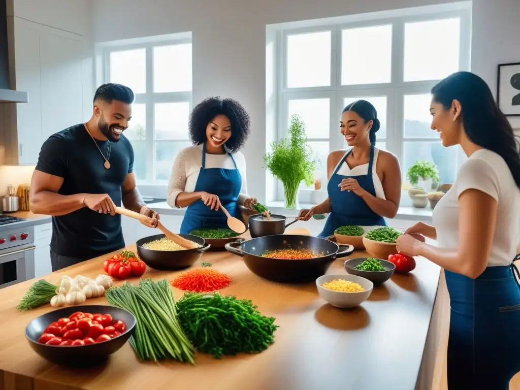 Un grupo diverso cocina feliz en una cocina moderna y luminosa, rodeados de vegetales y utensilios coloridos