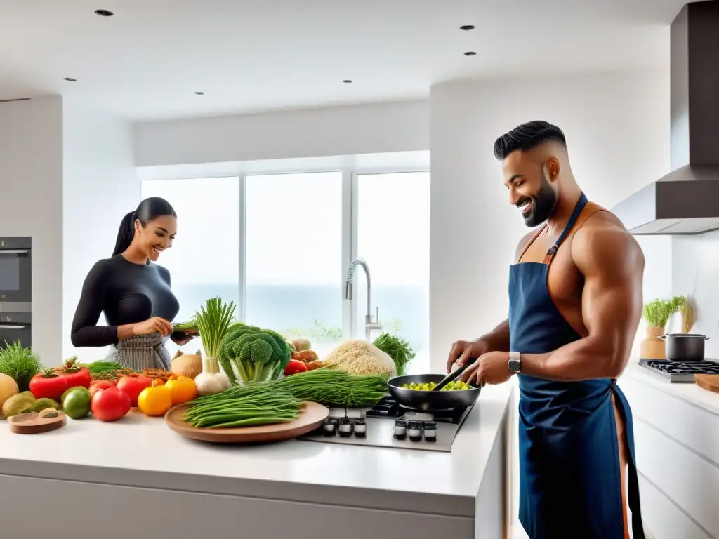 Un grupo diverso cocina feliz en una cocina moderna y llena de ingredientes veganos frescos, ideal para revistas digitales cocina vegana real