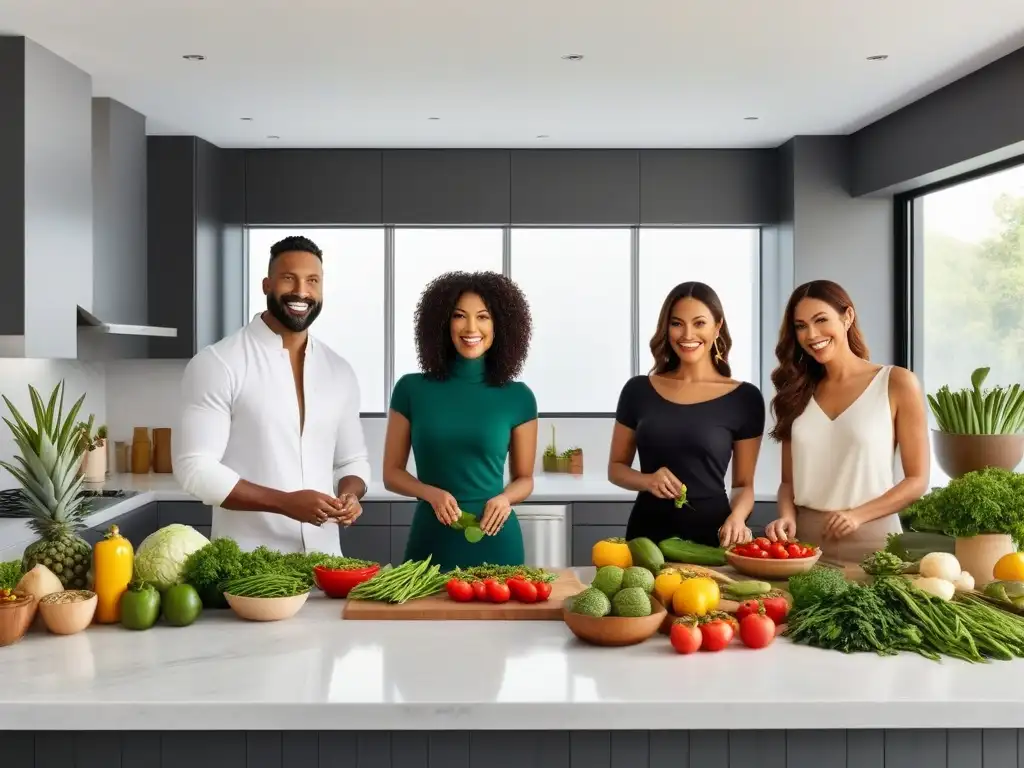 Un grupo diverso y feliz cocina juntos en una cocina moderna, promoviendo la dieta vegana enfermedades autoinmunes