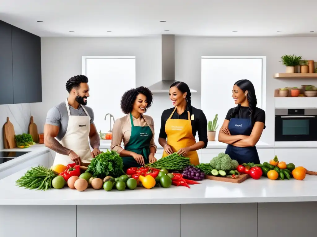 Cocina vegana: diversión y comunidad en alta resolución Un grupo diverso y feliz cocina juntos en una cocina luminosa con ingredientes veganos