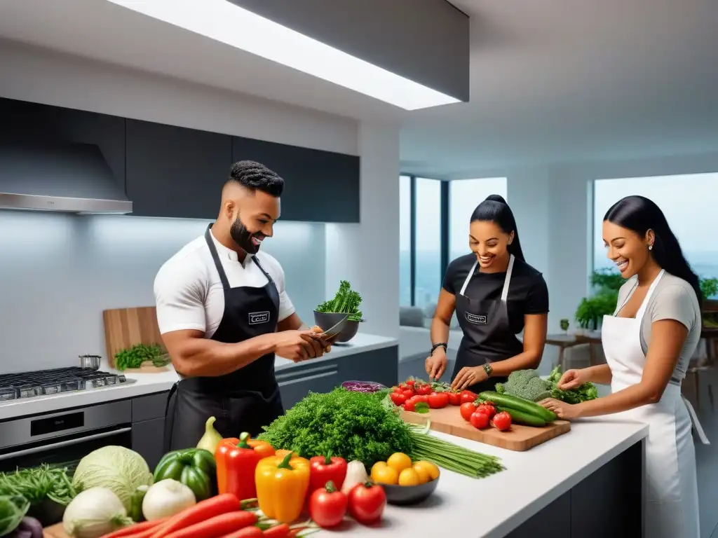 Un grupo diverso cocina feliz en una cocina moderna llena de alimentos frescos y coloridos, mostrando armonía y colaboración