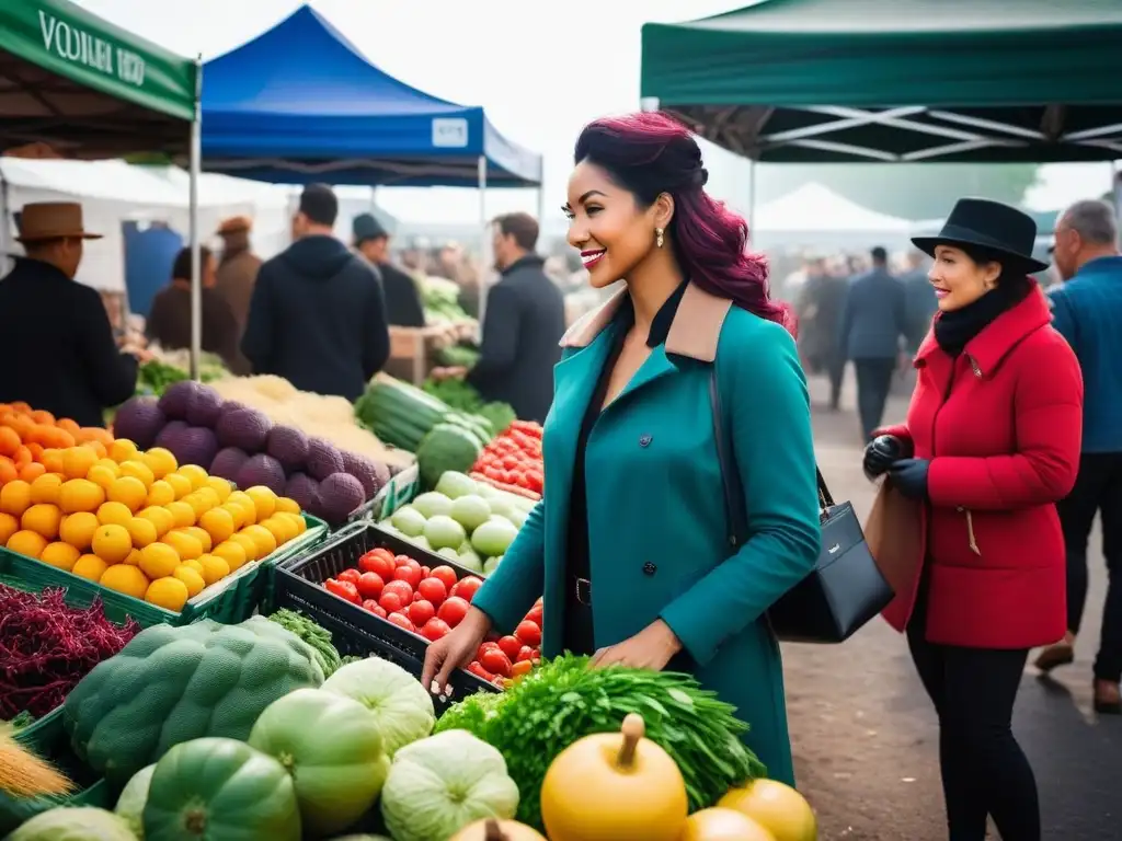 Grupo diverso feliz comprando ingredientes veganos frescos locales en animado mercado de agricultores