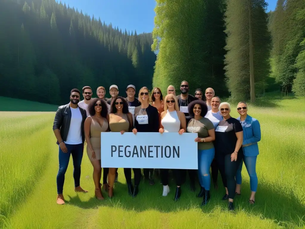 Grupo diverso y feliz promoviendo el veganismo y la protección animal en un prado verde y soleado