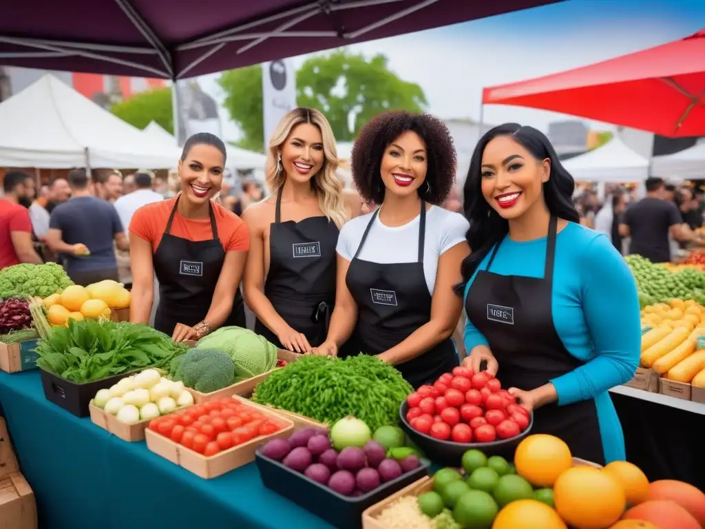 Un grupo diverso de foodies veganos sonrientes en un mercado, mostrando sus deliciosos platillos veganos