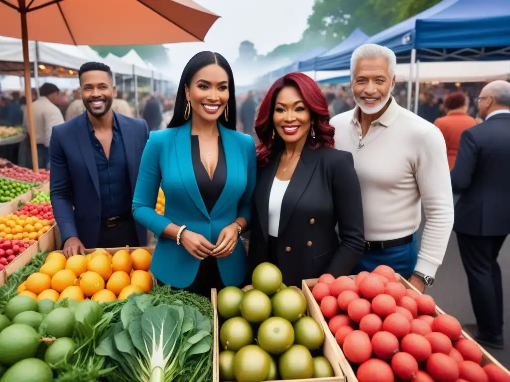 Grupo diverso disfruta frutas y verduras en mercado