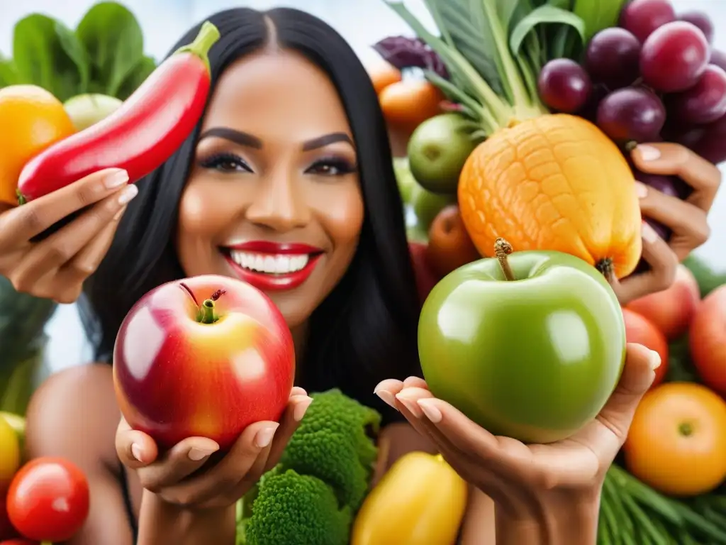 Un grupo diverso sonríe con frutas y verduras, mostrando dientes perfectos