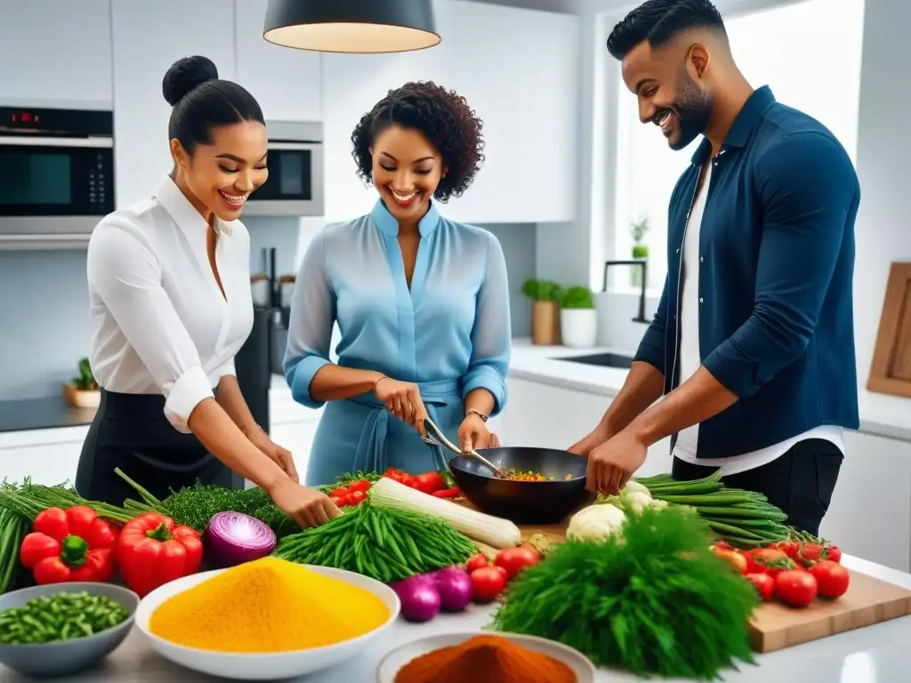 Un grupo diverso y global cocina vegano juntos en una cocina contemporánea y colorida