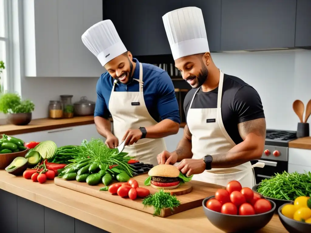 Un grupo diverso prepara hamburguesas veganas saludables en una cocina luminosa y espaciosa llena de ingredientes frescos y coloridos