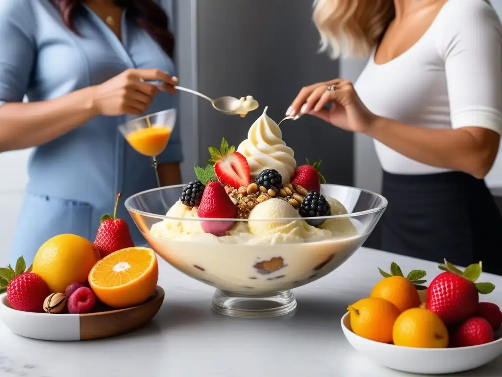 Un grupo diverso prepara helados veganos artesanales sabores en una cocina llena de color y creatividad