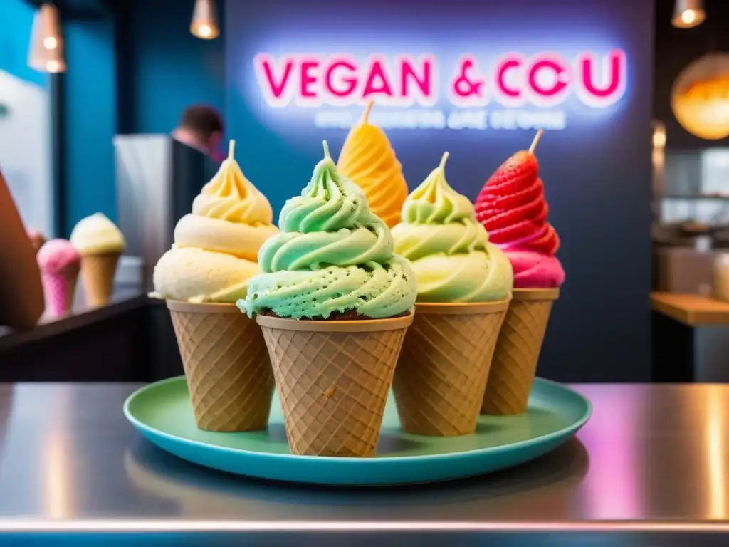 Un grupo diverso disfruta de helados veganos sin lácteos en una heladería moderna y colorida