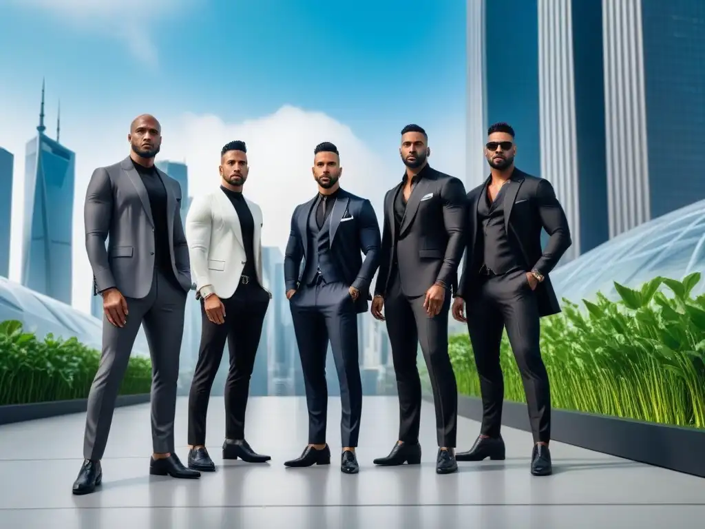 Un grupo diverso de hombres seguros, vestidos con moda vegana, en un entorno urbano futurista, redefiniendo la masculinidad