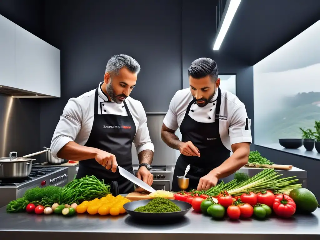 Un grupo diverso de instructores culinarios preparando platos veganos portugueses en un taller de cocina