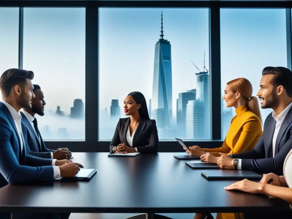 Un grupo diverso de inversores y emprendedores discuten animadamente en una elegante sala de reuniones, con vista a una ciudad futurista