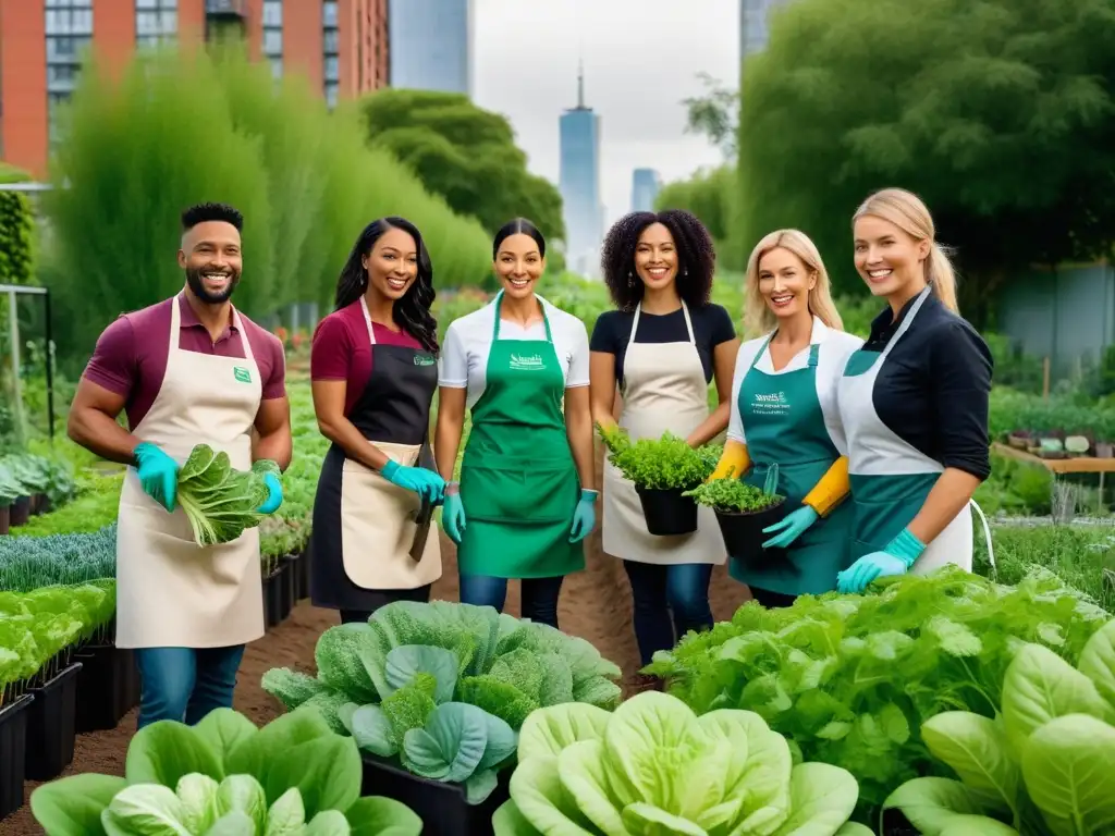 Un grupo diverso de jardineros urbanos sonrientes, llevando guantes y delantales veganos, cuidando un huerto urbano lleno de vegetales y hierbas