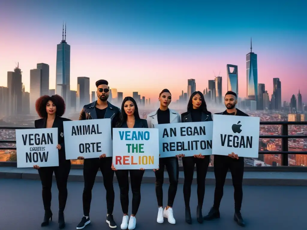 Un grupo diverso de jóvenes activistas sostiene carteles coloridos con mensajes veganos frente a un atardecer urbano