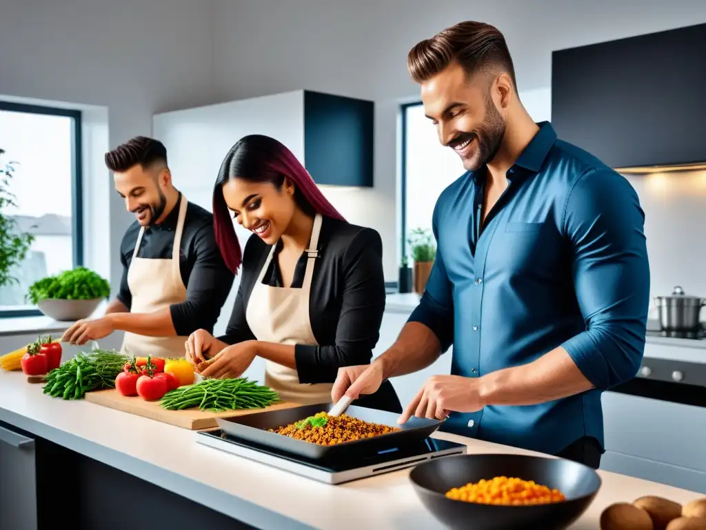 Un grupo diverso de jóvenes profesionales y estudiantes cocinan juntos en una cocina moderna con ingredientes veganos y recetas en tablets