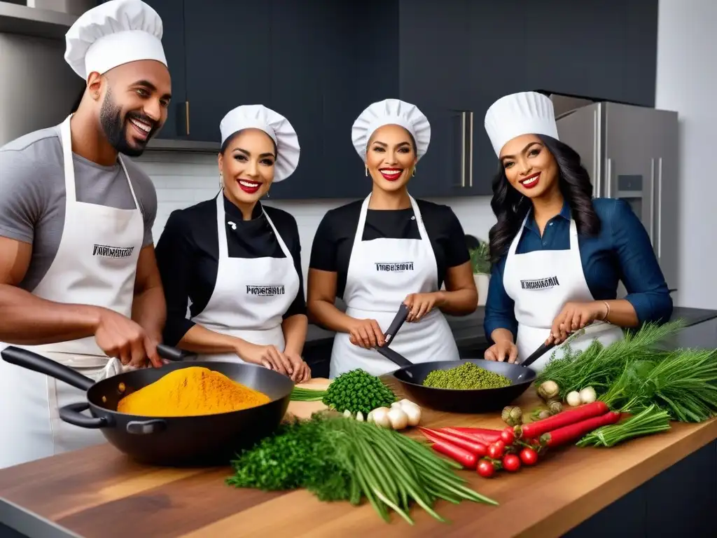 Un grupo diverso cocina juntos en una cocina moderna y vibrante, preservando recetas tradicionales de cocina vegana