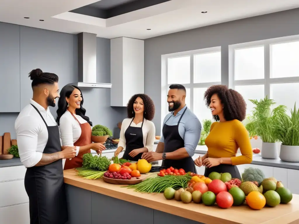 Grupo diverso disfruta cocinando juntos en una cocina acogedora, resaltando la conexión entre la dieta vegana y salud mental