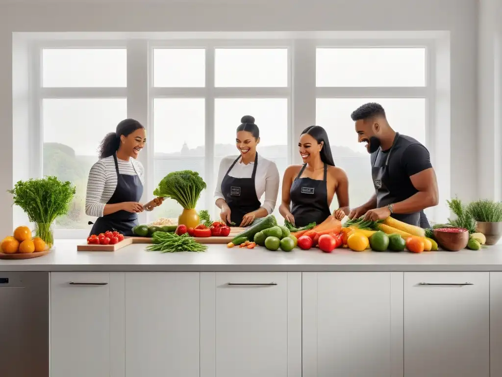 Un grupo diverso cocina juntos en una cocina moderna y colorida, mostrando la transición a veganismo con alegría y comunidad