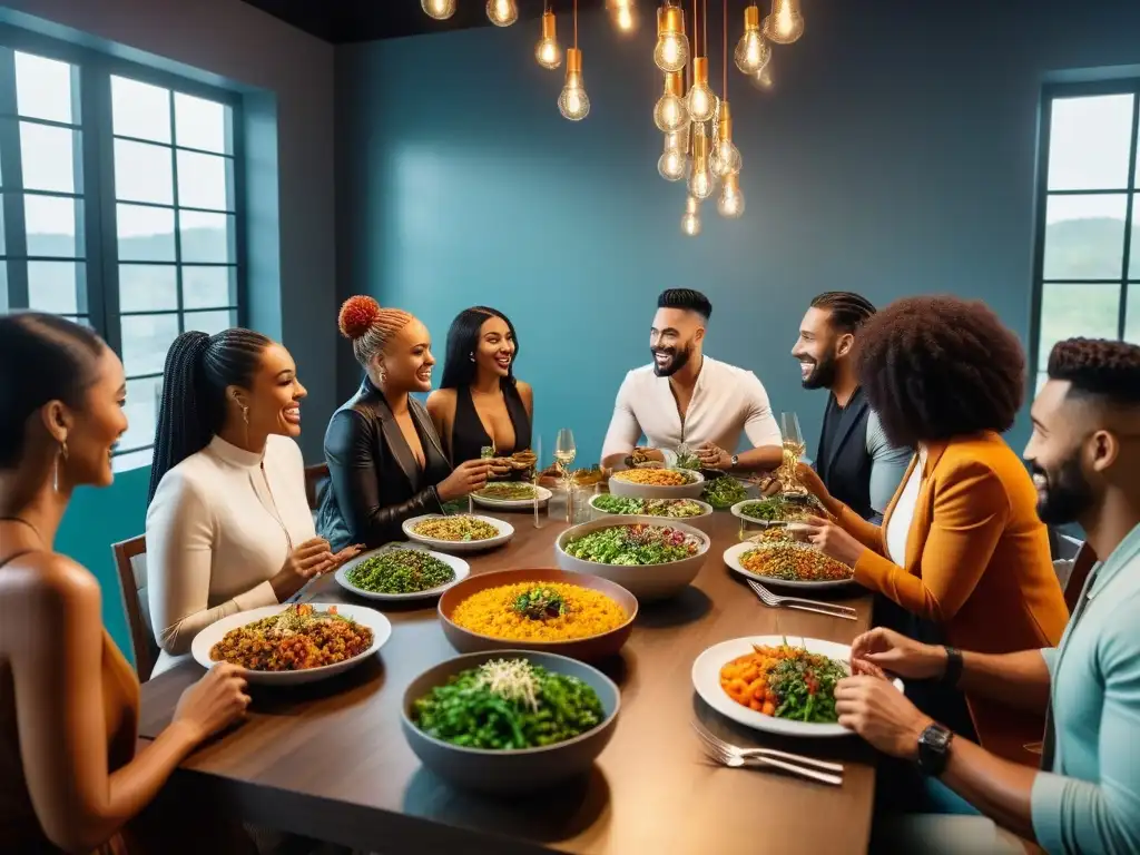 Un grupo diverso disfruta juntos de una comida vegana en un restaurante moderno, transmitiendo impacto representación vegana medios