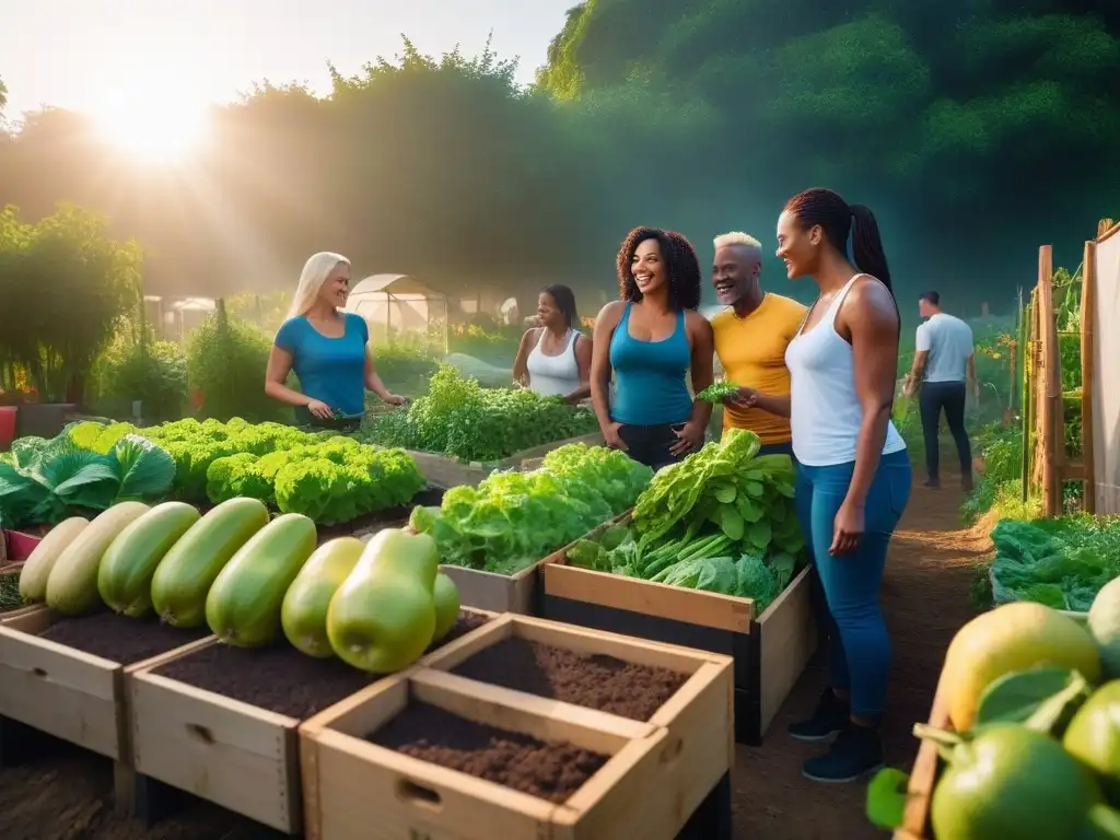 Un grupo diverso disfruta juntos en un huerto comunitario, rodeados de vegetación exuberante y frutas coloridas bajo el sol brillante