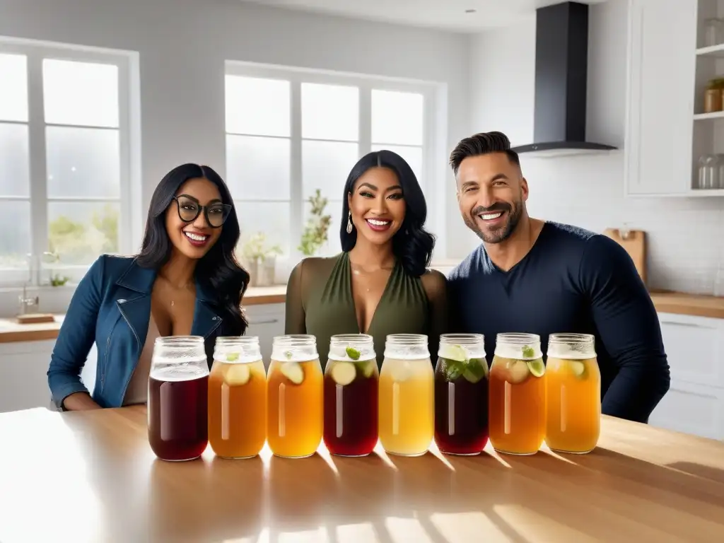 Un grupo diverso disfruta de kombucha artesanal en una cocina moderna y luminosa