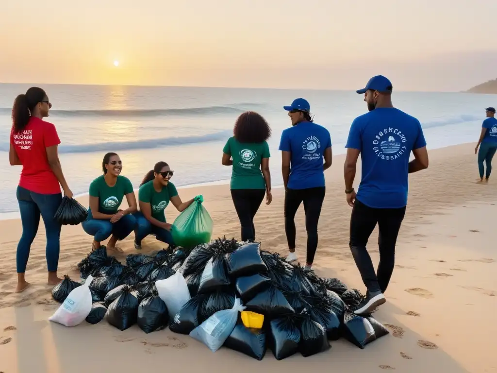 Un grupo diverso realiza limpieza en la playa con camisetas 'Desafío Vegano de 30 Días'