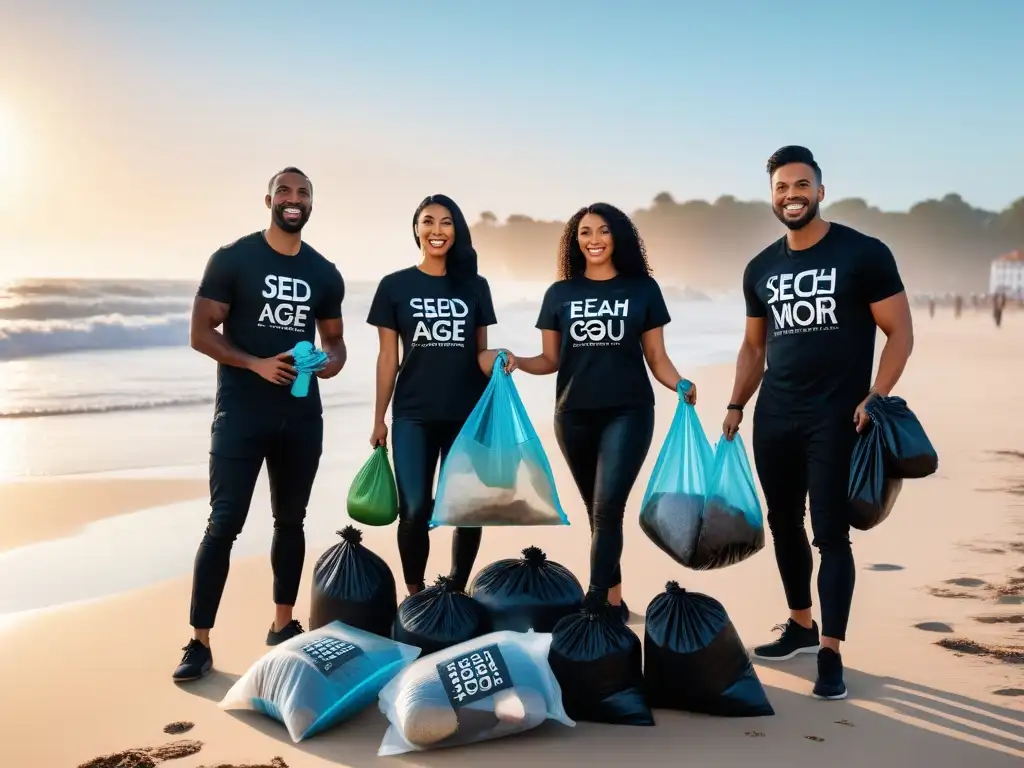 Un grupo diverso en limpieza de playa, con redes veganas sostenibilidad contribuir, unidos y felices