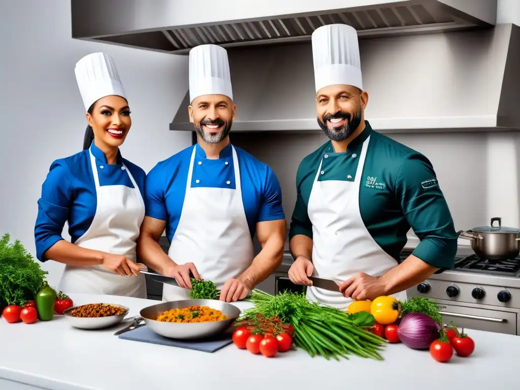 Un grupo diverso de maestros de cocina vegana preparando platos coloridos en una cocina moderna y vibrante